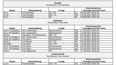 Schuljahr 2023/24: Unterrichtstage und Blockpläne